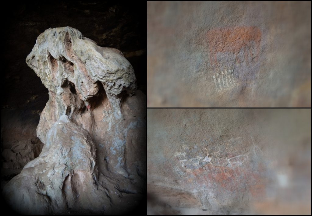 Cave drawings and a spooky stalagmite in the cave.